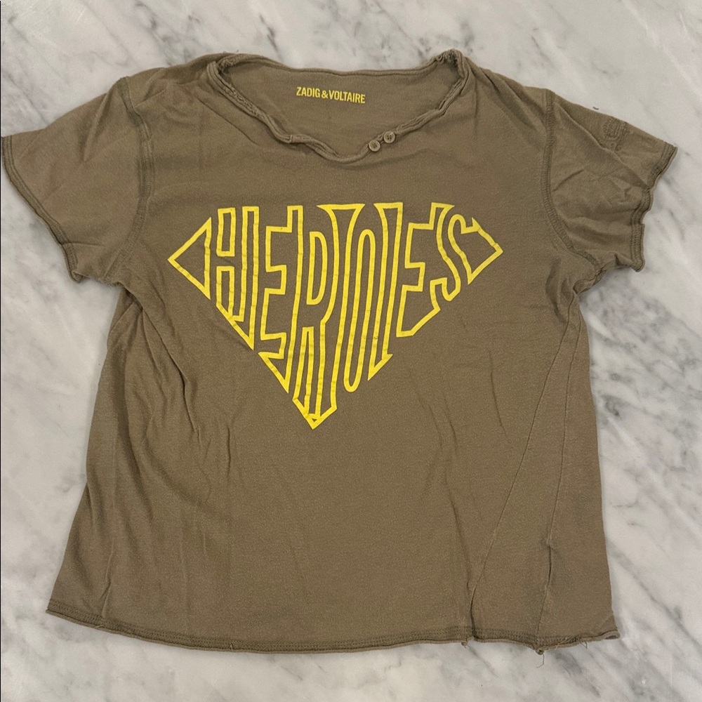 Zadig & Voltaire Brown Tee with Yellow Heroes Graphic
